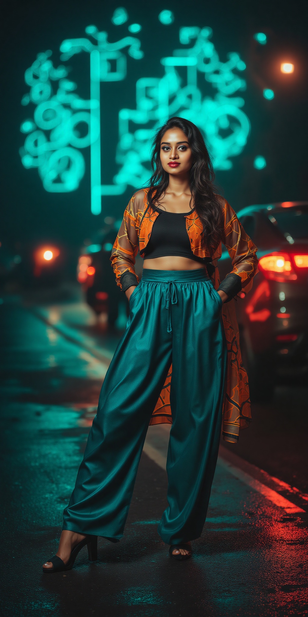 Indian woman,  show midriff exposed navel,  teal and orange colour grading on Tensor.Art