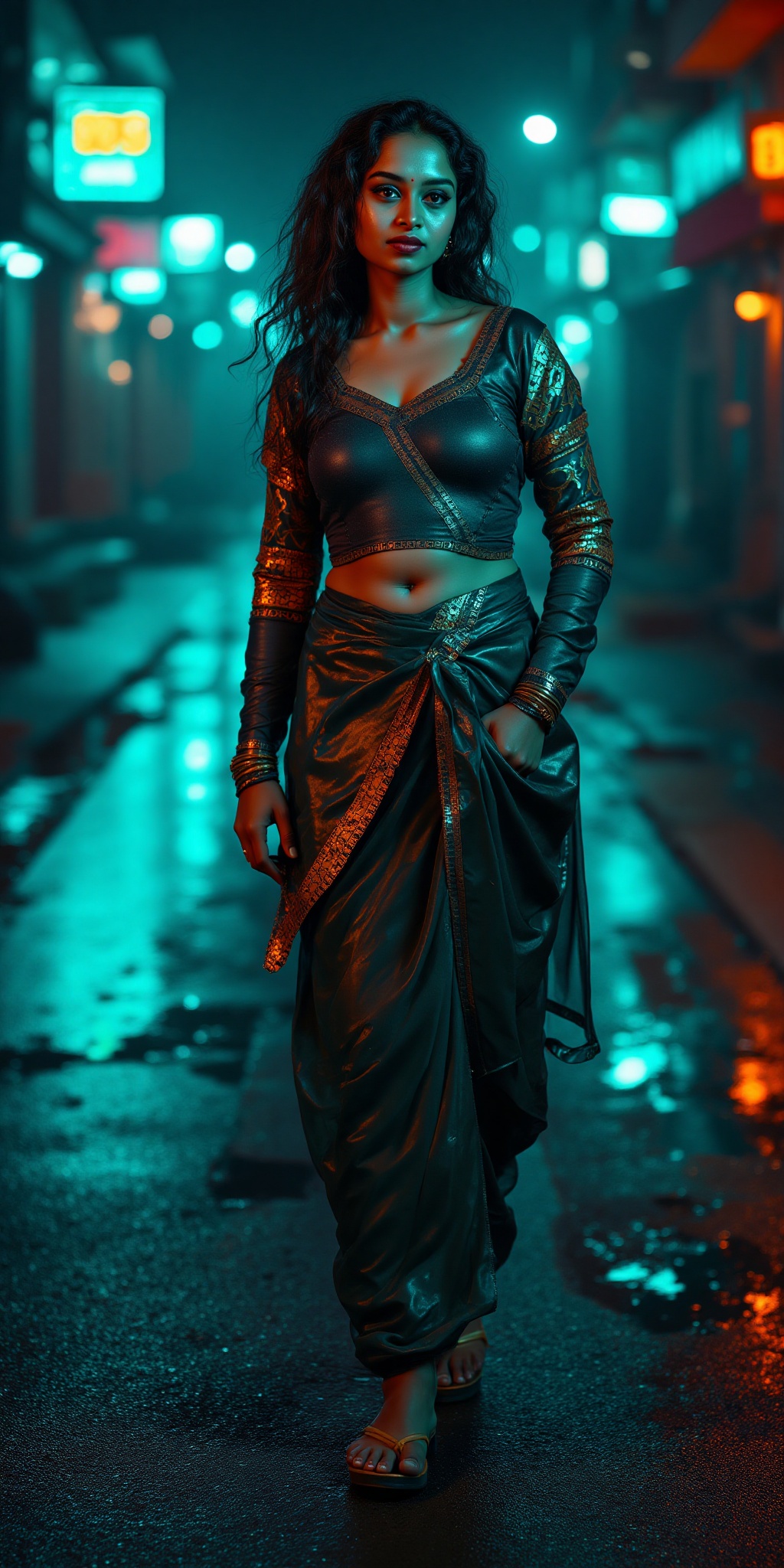 Indian woman,  show midriff exposed navel,  teal and orange colour grading on Tensor.Art