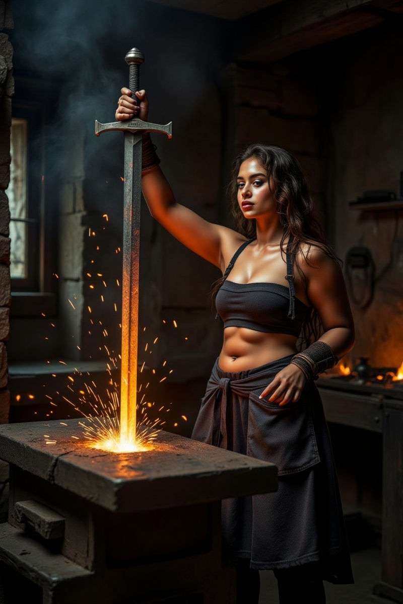 Inside a dark,  medieval forge,  a blacksmith is captured in the act of raising a glowing on Tensor.Art