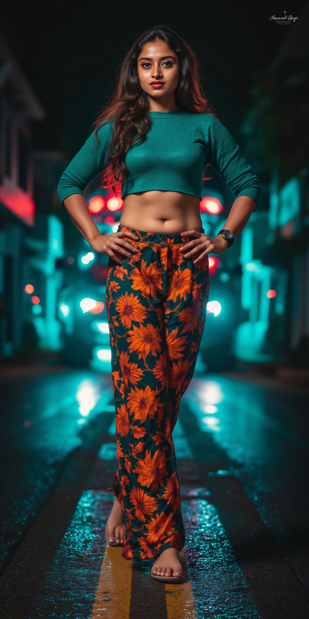 Indian woman,  show midriff exposed navel,  teal and orange colour grading on Tensor.Art