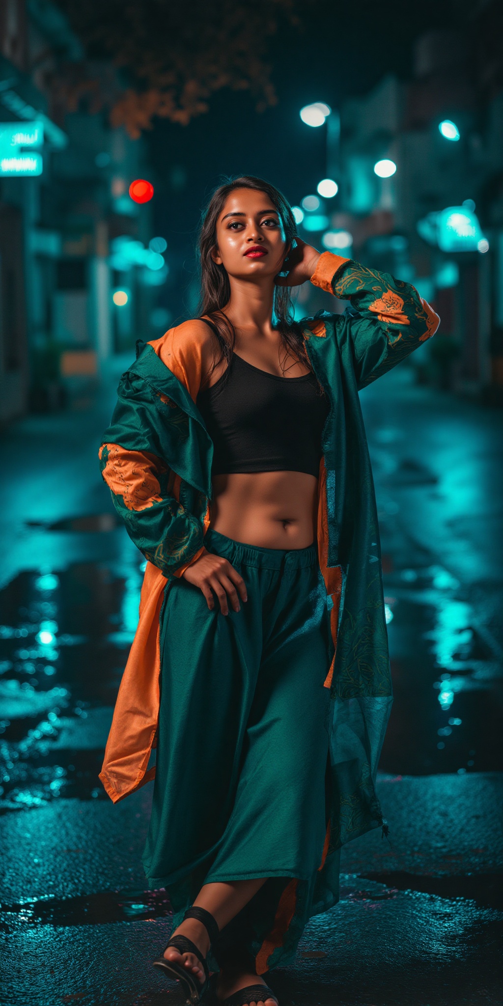 Indian woman,  show midriff exposed navel,  teal and orange colour grading on Tensor.Art