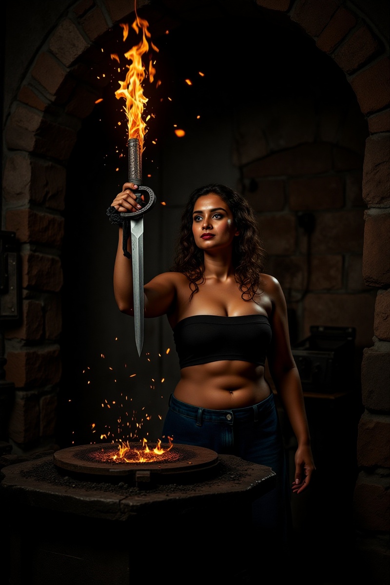 Inside a dark,  medieval forge,  a blacksmith is captured in the act of raising a glowing on Tensor.Art