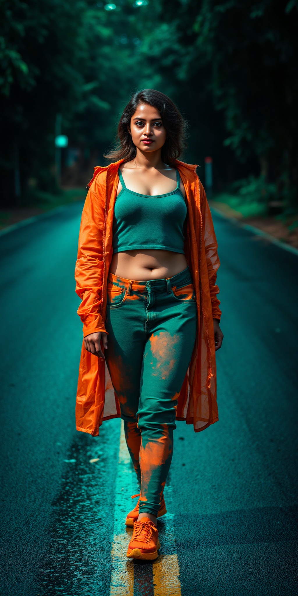 Indian woman,  show midriff exposed navel,  teal and orange colour grading on Tensor.Art