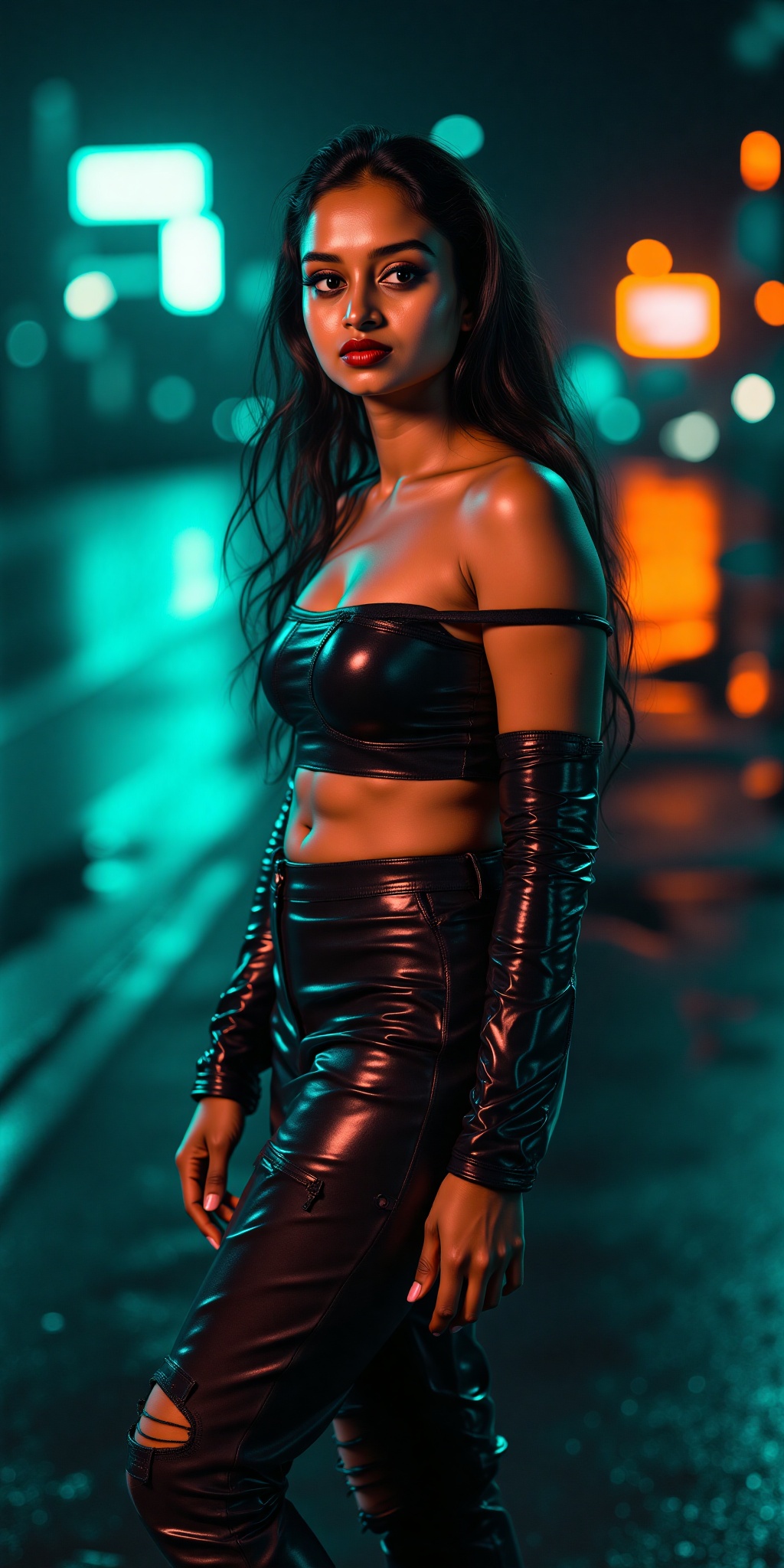 Indian woman,  show midriff exposed navel,  teal and orange colour grading on Tensor.Art