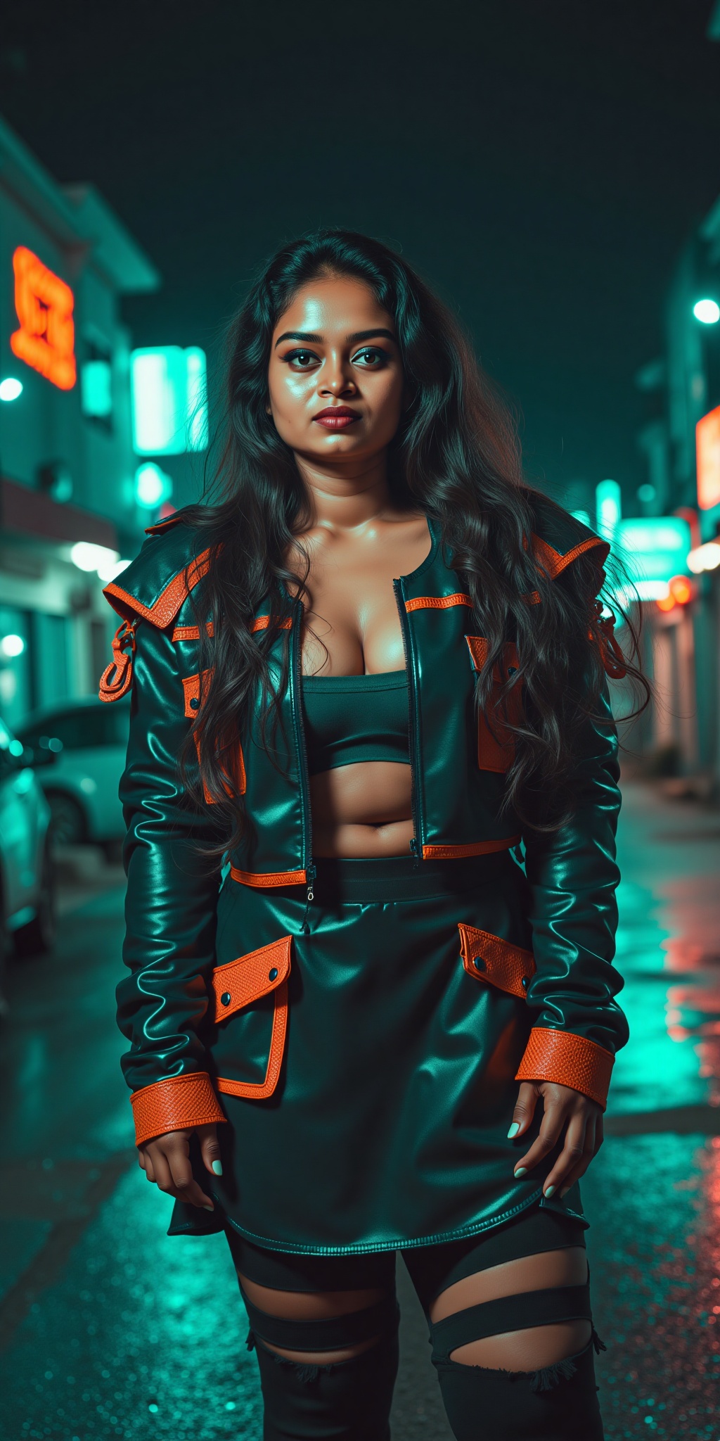 Indian woman,  show midriff exposed navel,  teal and orange colour grading on Tensor.Art