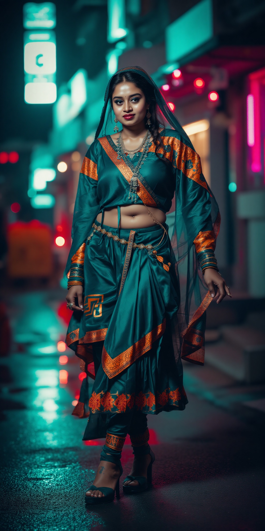 Indian woman,  show midriff exposed navel,  teal and orange colour grading on Tensor.Art