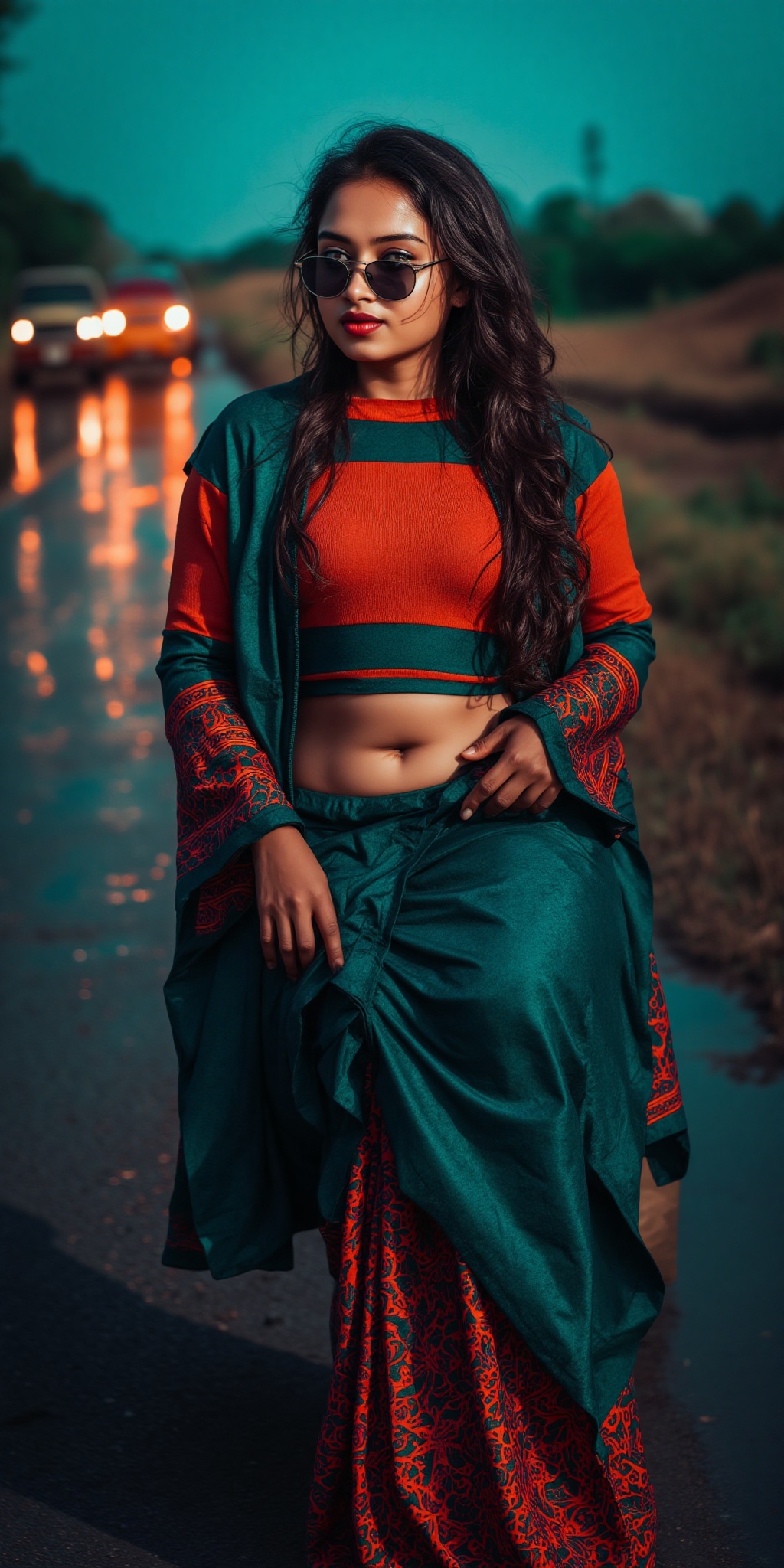 Indian woman,  show midriff exposed navel,  teal and orange colour grading on Tensor.Art