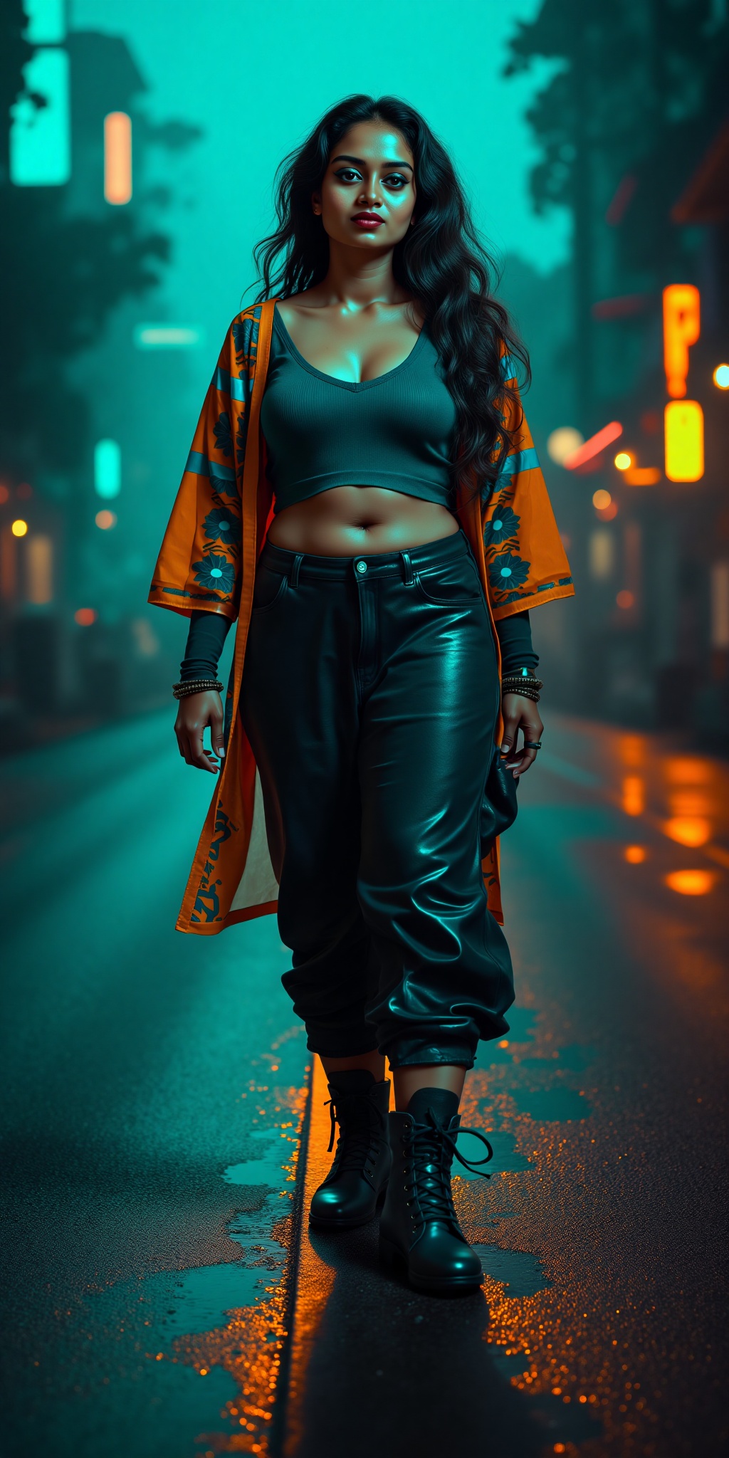 Indian woman,  show midriff exposed navel,  teal and orange colour grading on Tensor.Art