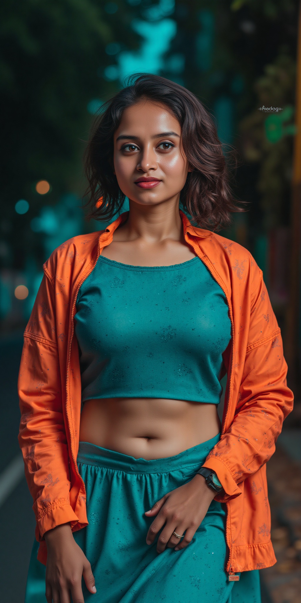 Indian woman,  show midriff exposed navel,  teal and orange colour grading on Tensor.Art
