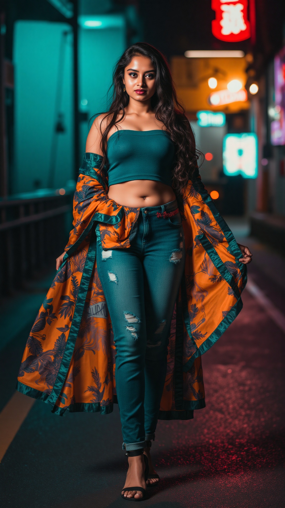 Indian woman,  show midriff exposed navel,  teal and orange colour grading on Tensor.Art