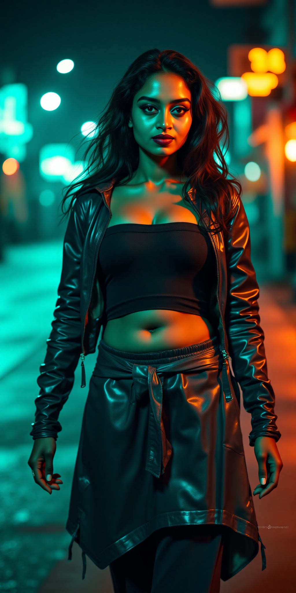 Indian woman,  show midriff exposed navel,  teal and orange colour grading on Tensor.Art