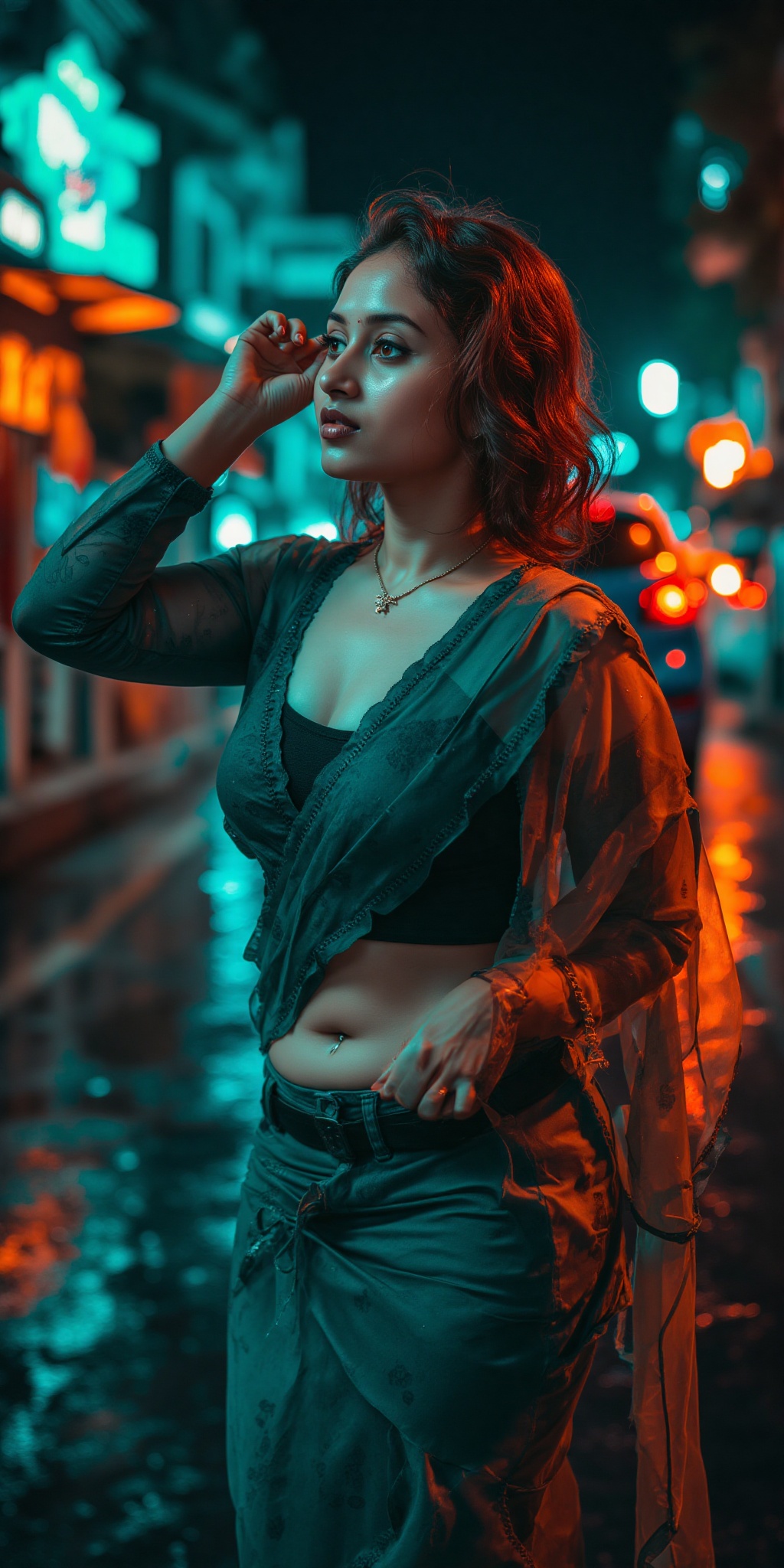 Indian woman,  show midriff exposed navel,  teal and orange colour grading on Tensor.Art