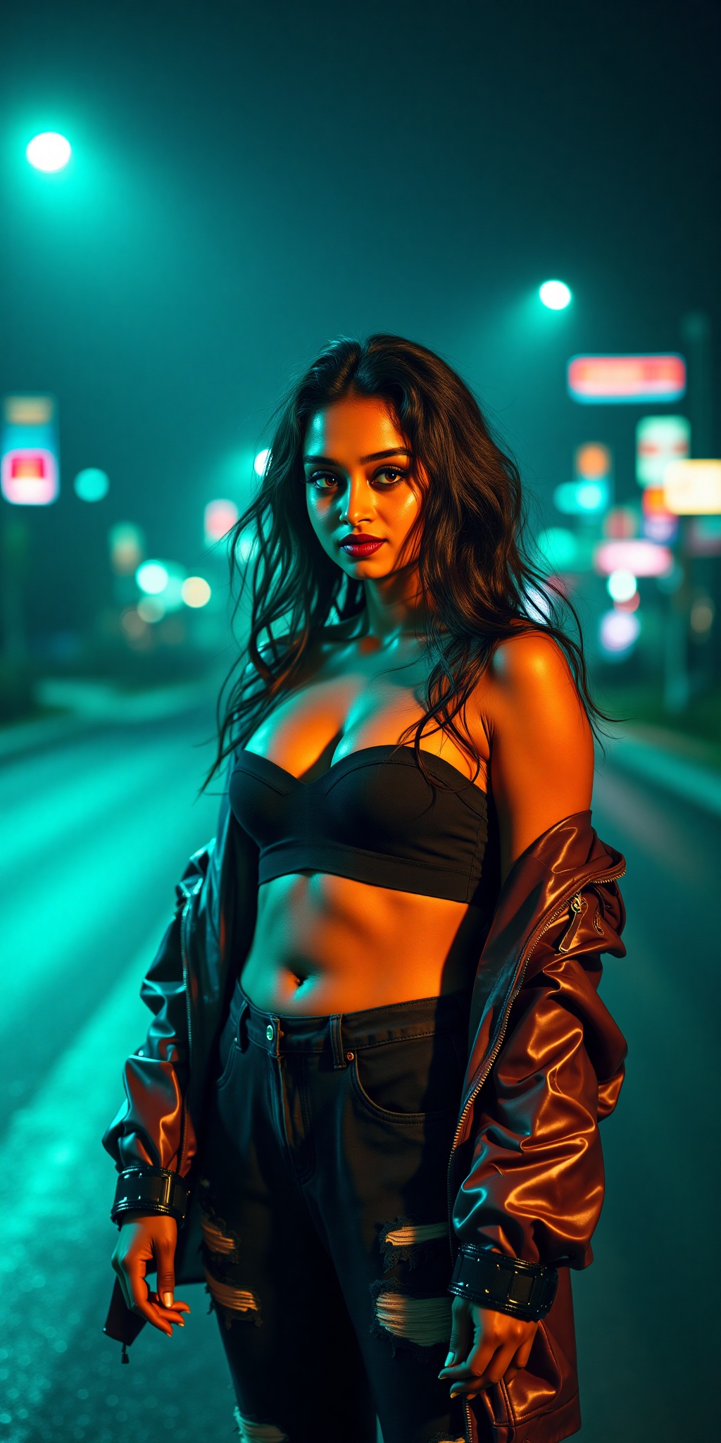 Indian woman,  show midriff exposed navel,  teal and orange colour grading on Tensor.Art