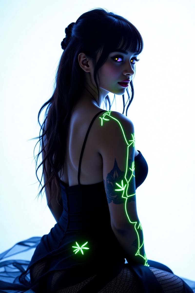 A dark-haired model with a striking bob cut and neon-illuminated tattoos poses confidently in front of a plain white backg...