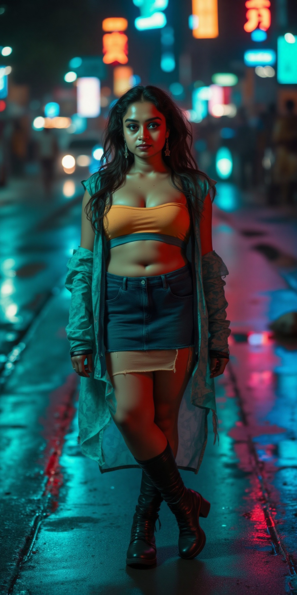 Indian woman,  show midriff exposed navel,  teal and orange colour grading on Tensor.Art