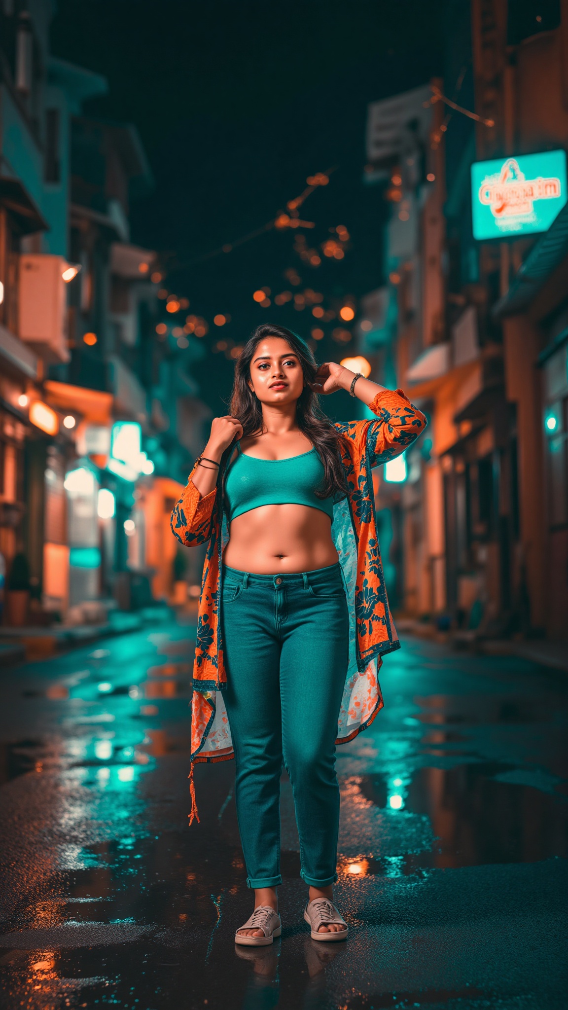Indian woman,  show midriff exposed navel,  teal and orange colour grading on Tensor.Art