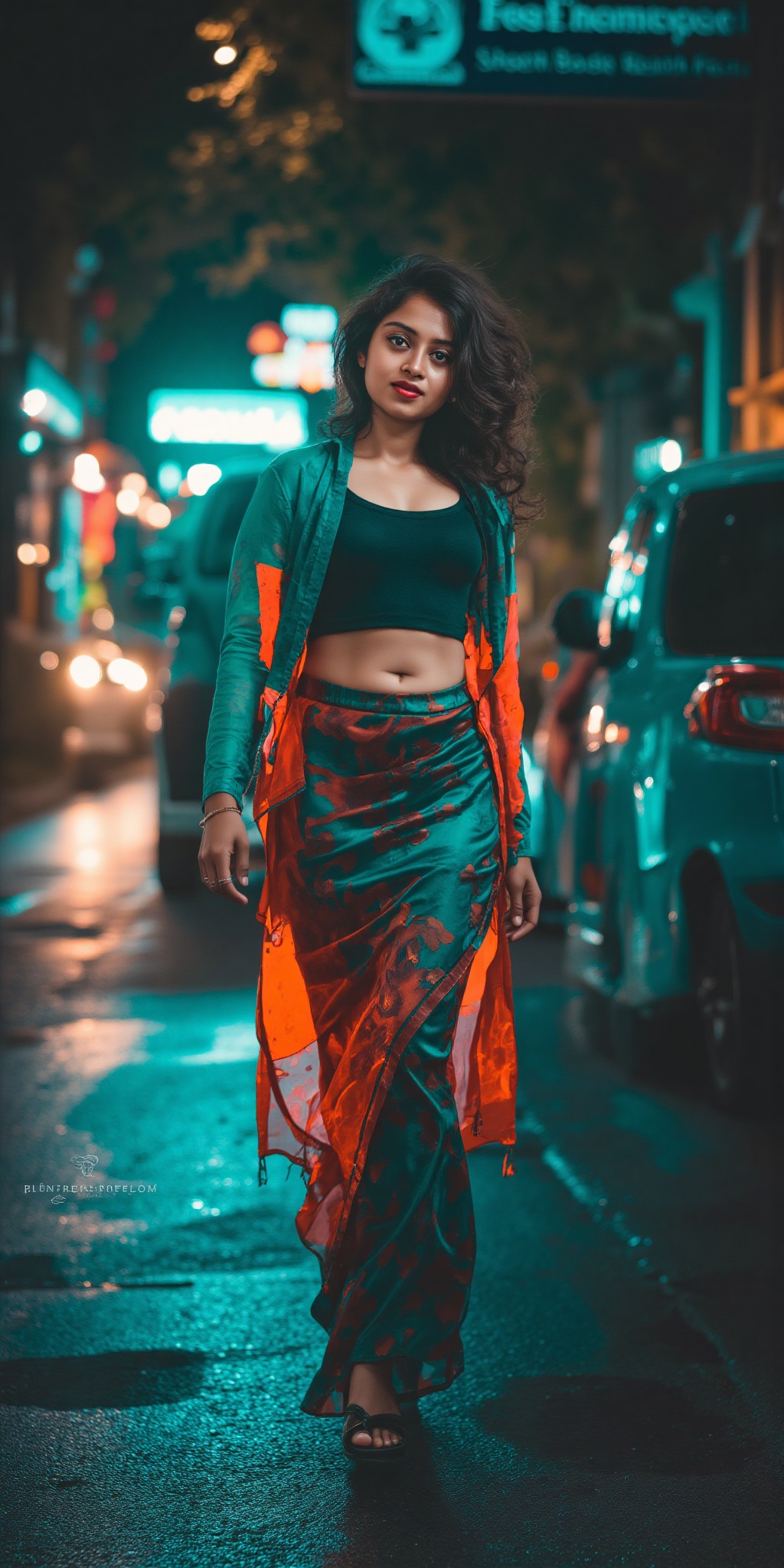 Indian woman,  show midriff exposed navel,  teal and orange colour grading on Tensor.Art