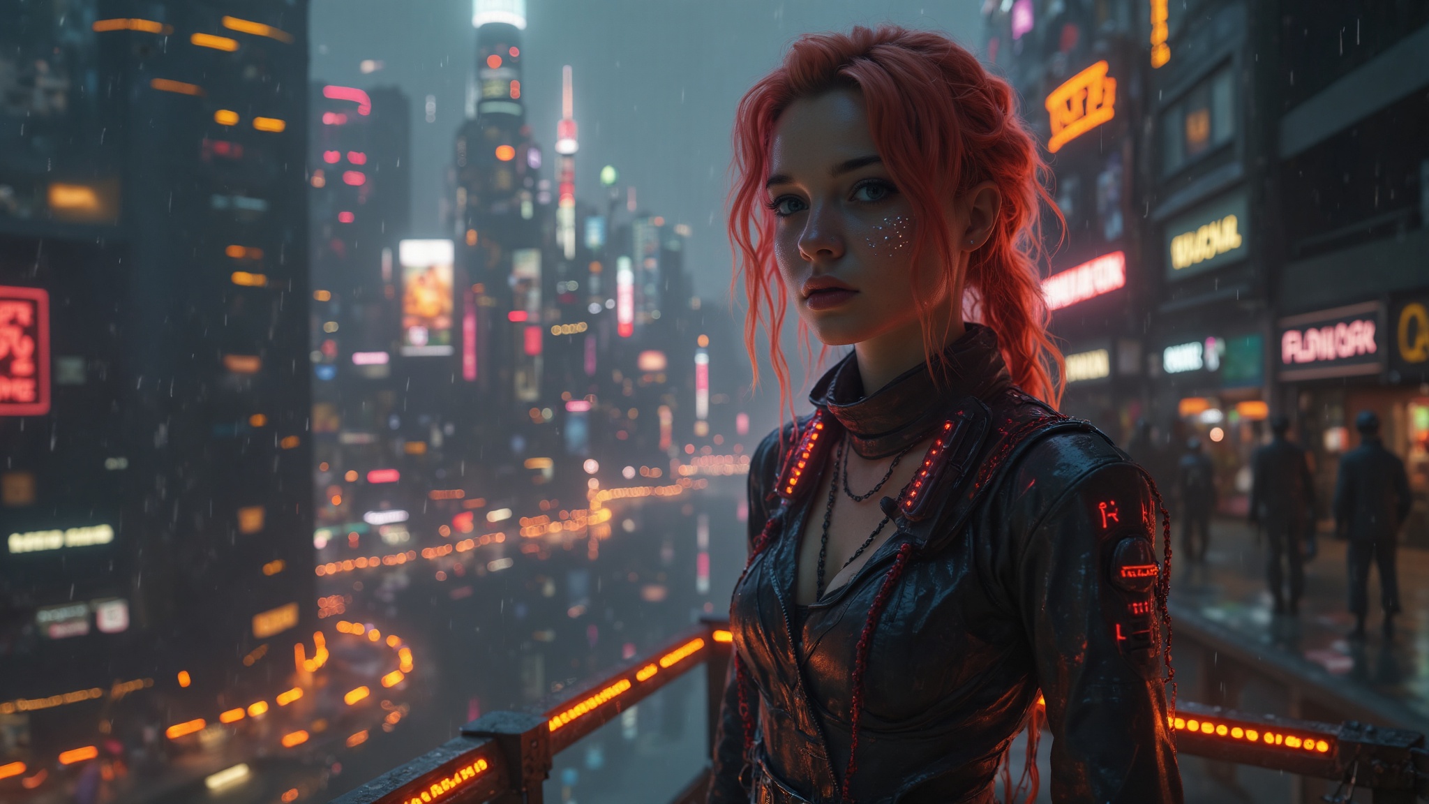 Lyra stands on a raised platform overlooking the chaotic cityscape. She wears a punk-inspired cyberpunk outfit of dark lea...