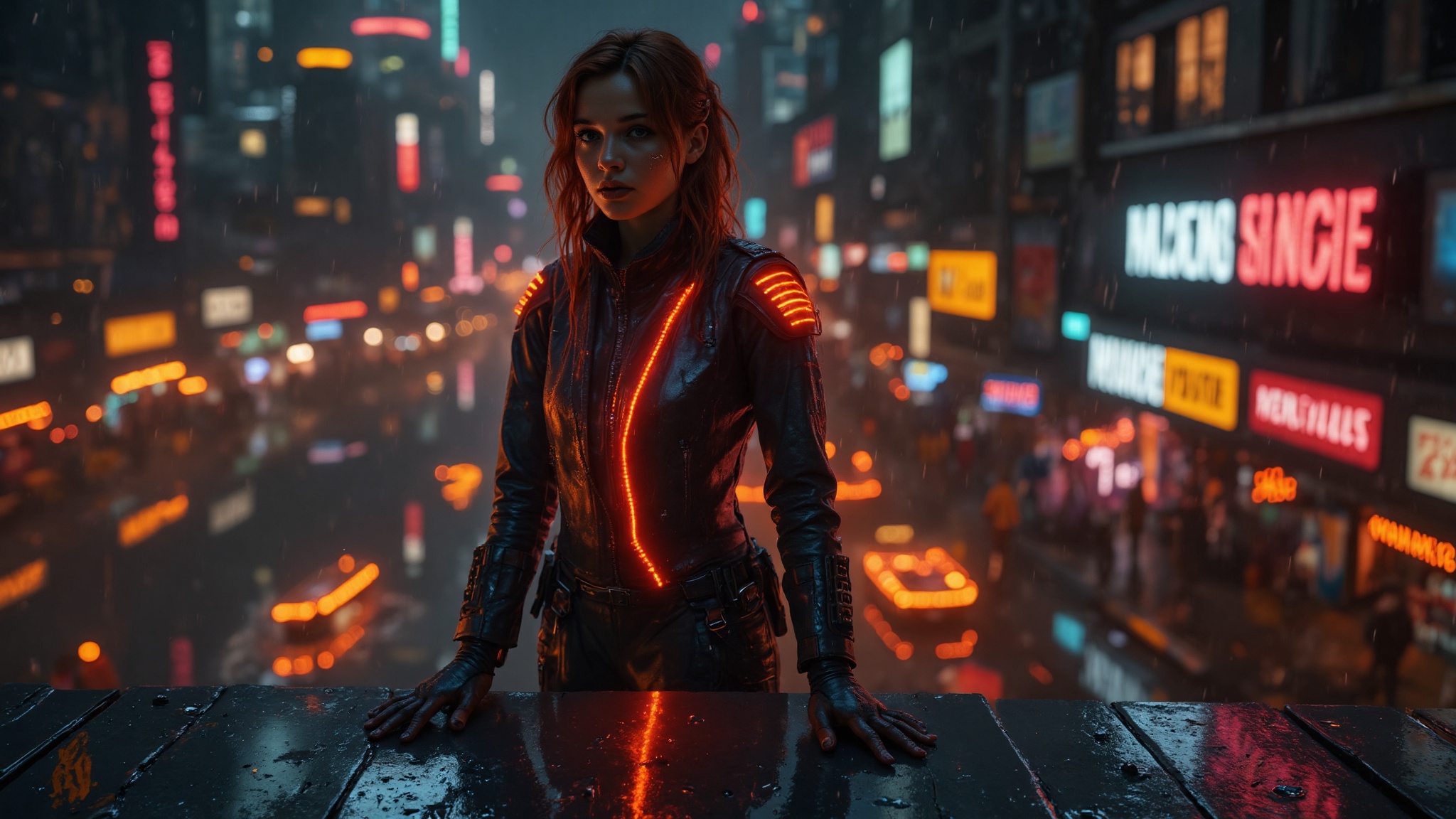 Lyra stands on a raised platform overlooking the chaotic cityscape. She wears a punk-inspired cyberpunk outfit of dark lea...
