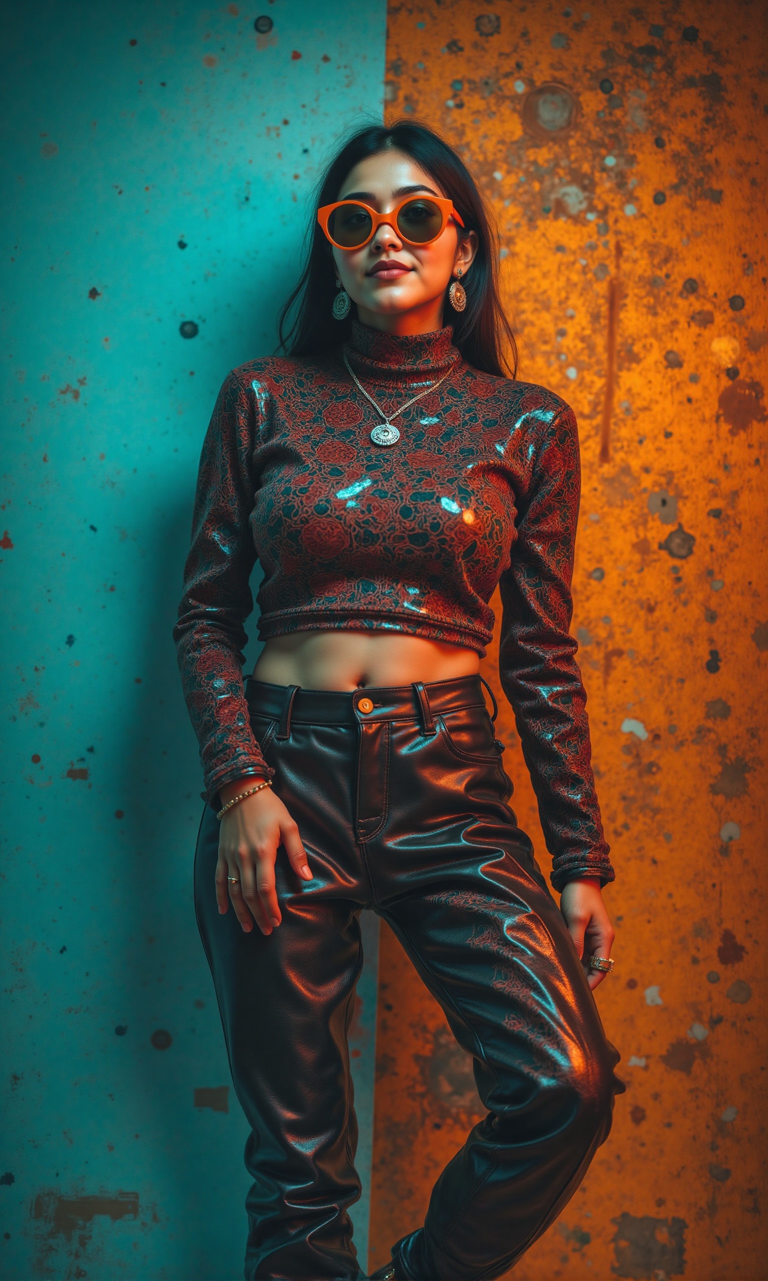 A stylish Mallu girl with a curvy,  sexy figure poses confidently in a modern,  non-traditional outfit adorned with tradit...