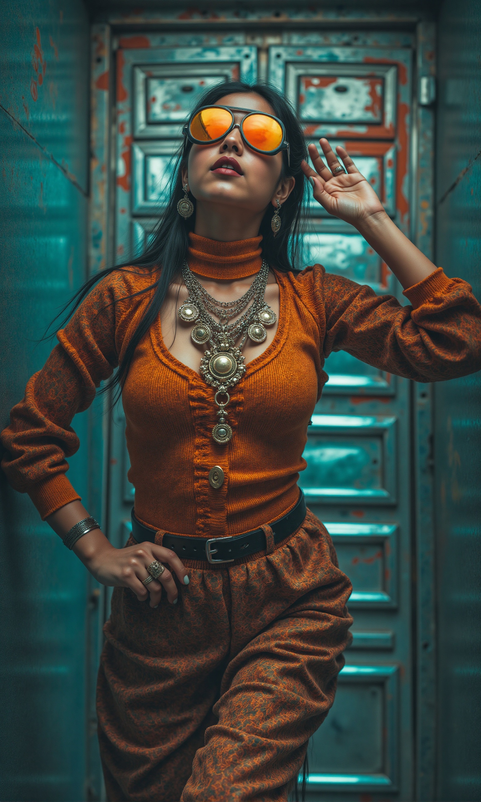 A stylish Mallu girl with a curvy,  sexy figure poses confidently in a modern,  non-traditional outfit adorned with tradit...