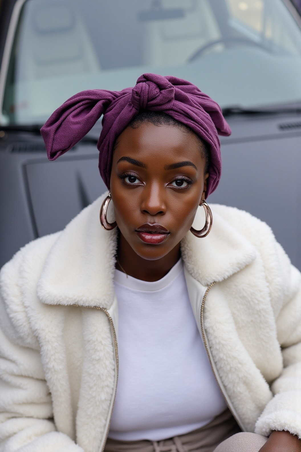 Create a scene where a light caramel-skinned woman with buzzed hair and full glossy lips is sitting in front of a car. She...