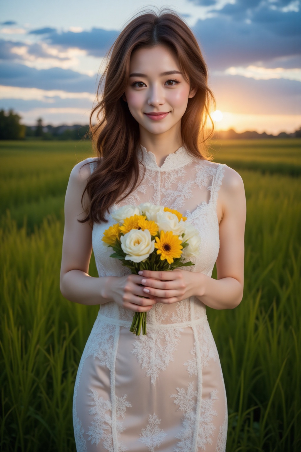 A serene evening landscape: A woman in a radiant white lace sleeveless round-neckline wedding dress stands amidst a lush g...