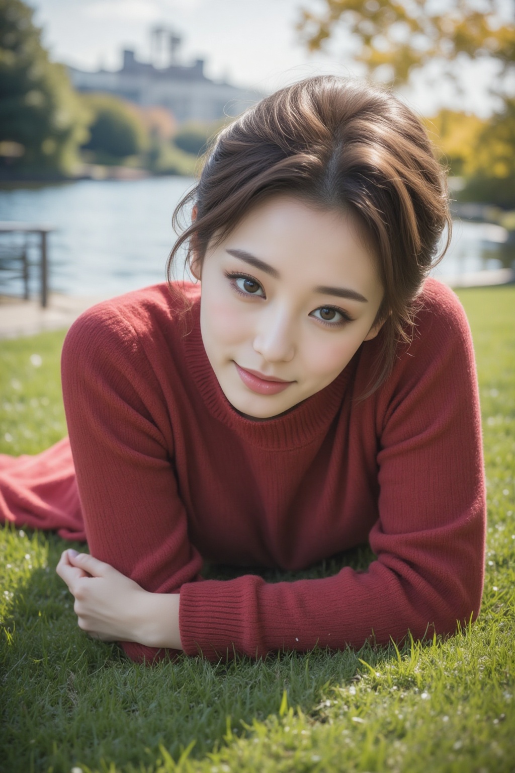 Photo of Pretty Japanese woman,  long brown hair,  autumn dress on Tensor.Art