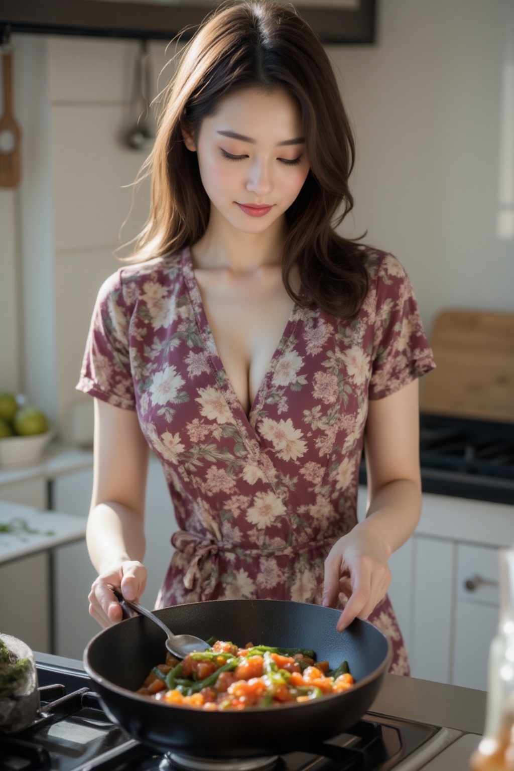 a young Asian woman stands in a kitchen,  preparing a wok of vegetables. She is wearing a short-sleeved floral dress. Her...