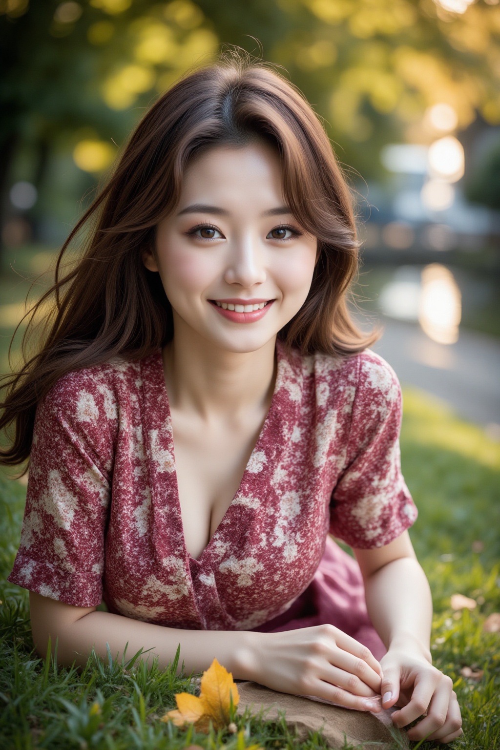 Photo of Pretty Japanese woman,  long brown hair,  autumn dress on Tensor.Art