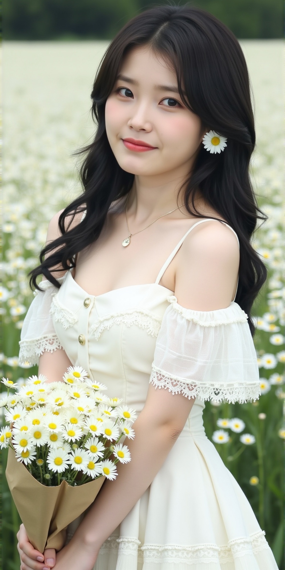 A young woman with long wavy black hair stands in the middle of a field full of white daisies. She wears an off-shoulder w...