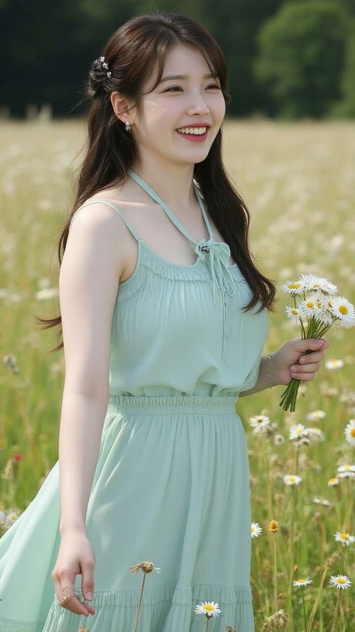 A graceful woman with chestnut brown hair braided loosely over her shoulder stands in a sunlit meadow filled with wildflow...