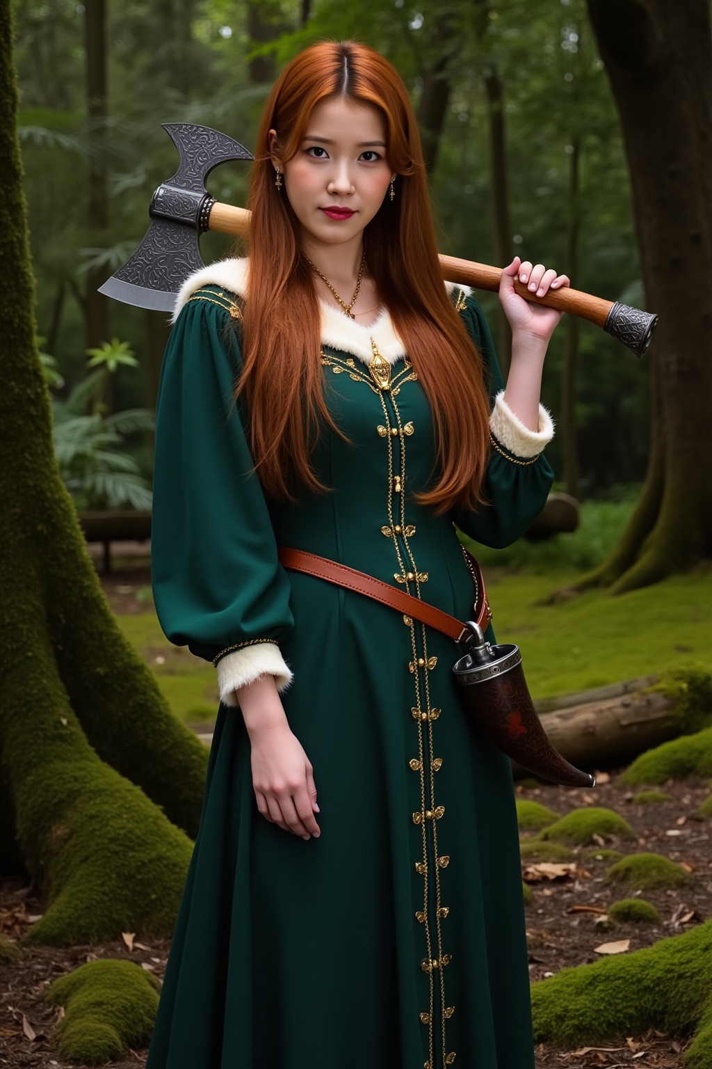 A long-haired redheaded woman stands confidently in a lush forest setting,  posing with an ornate axe resting on her shoul...