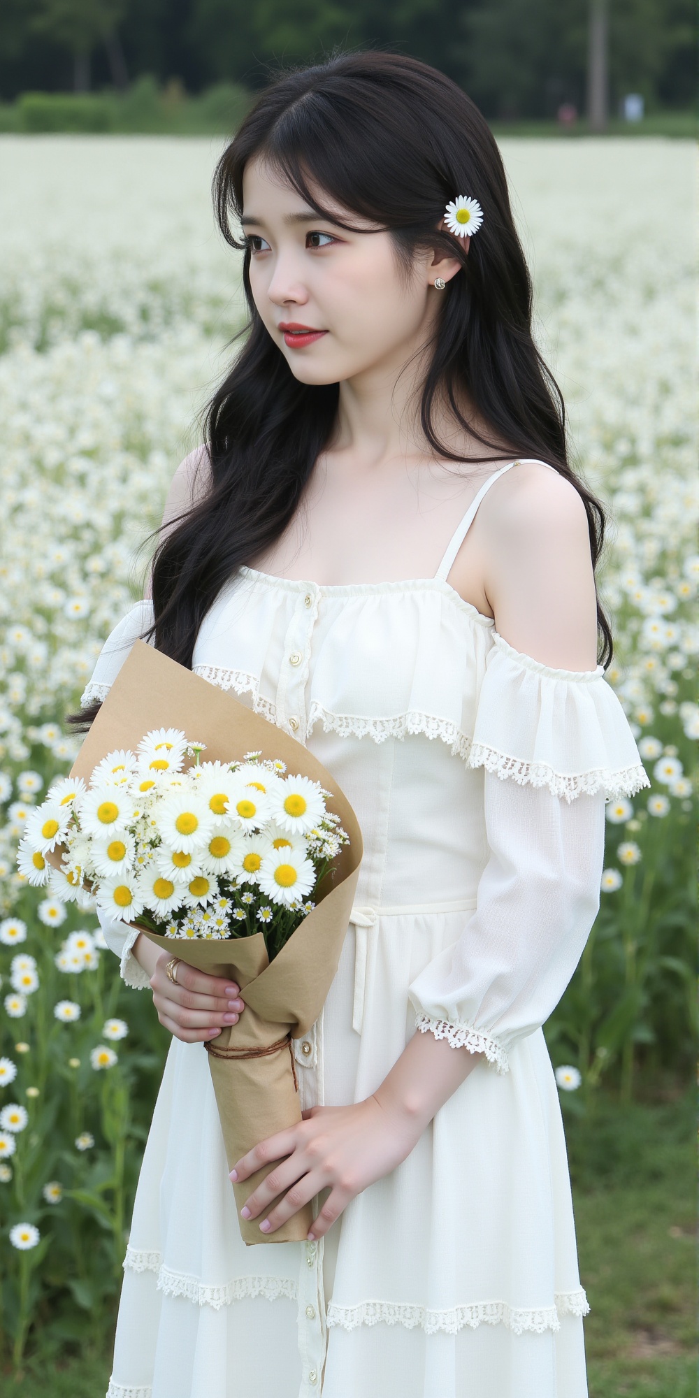 A young woman with long wavy black hair stands in the middle of a field full of white daisies. She wears an off-shoulder w...