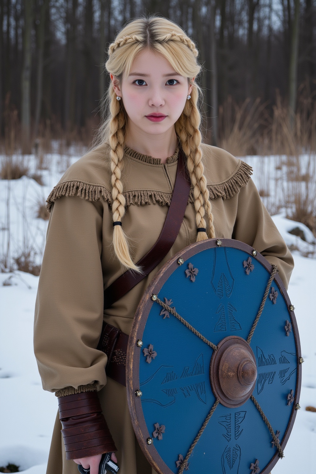 A blonde woman with braided hair stands in a partially snow-covered field,  wearing Viking-inspired attire. She dons a lig...