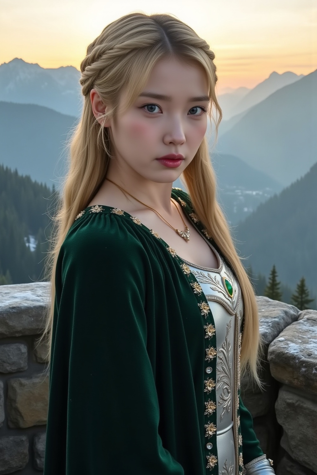 A beautiful blonde elf warrior with long braided golden hair and piercing blue eyes,  her porcelain skin touched by cold m...