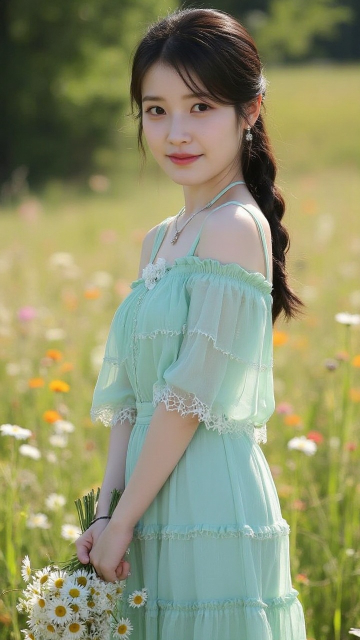 A graceful woman with chestnut brown hair braided loosely over her shoulder stands in a sunlit meadow filled with wildflow...