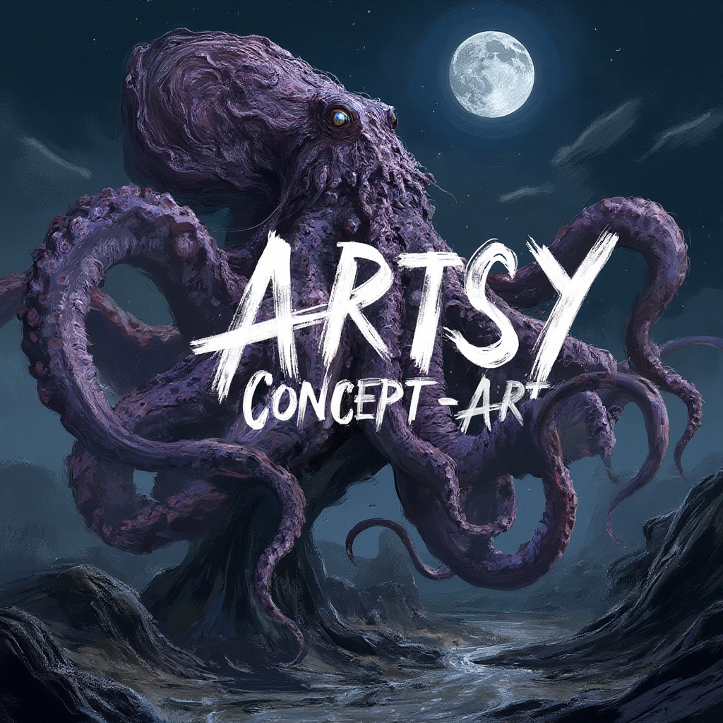 brushstrokes text,  visual design big white text "ARTSY CONCEPT-ART" covering the subject,  concept_art of A behemoth purp...