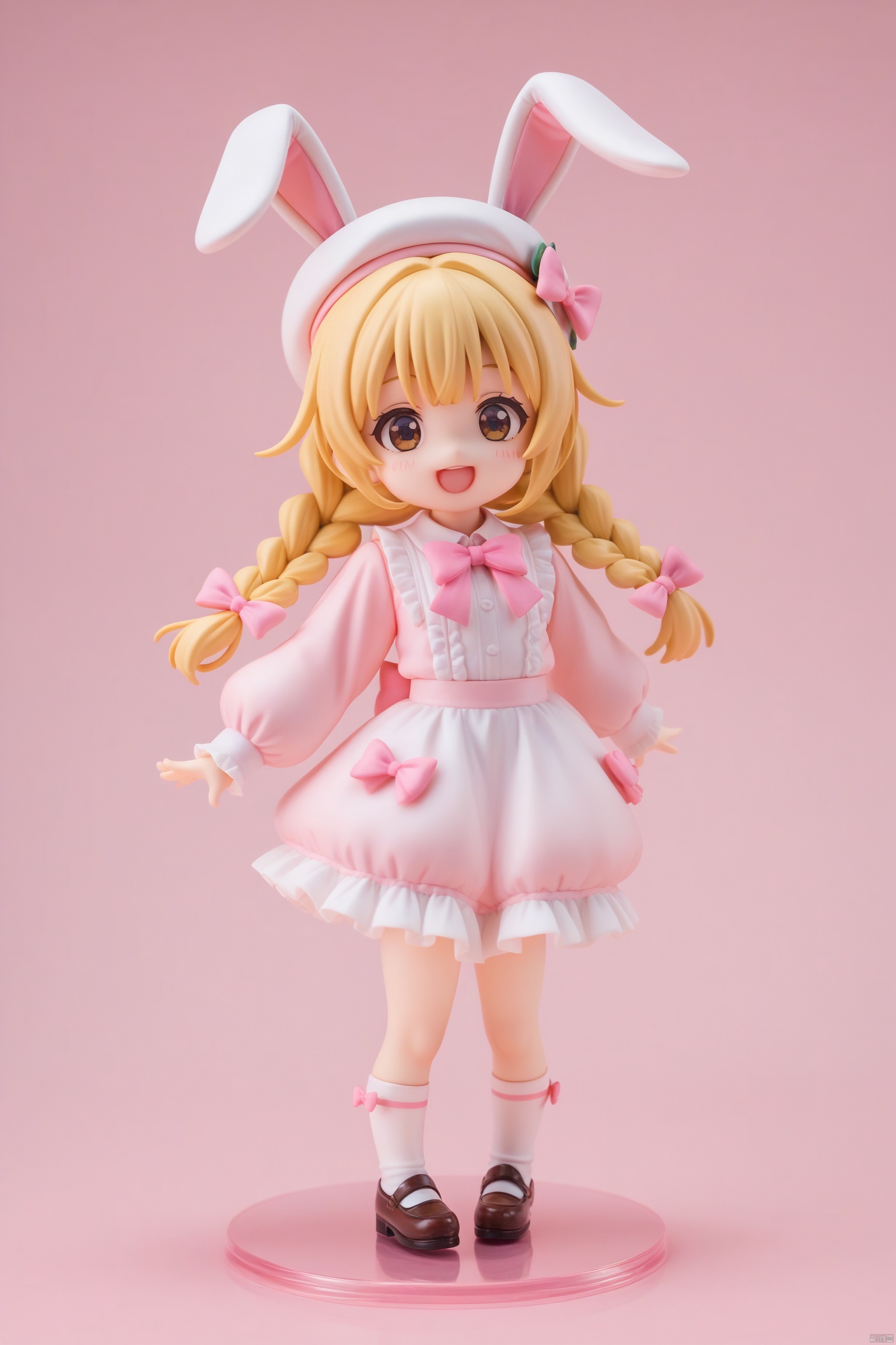 score_9, score_8_up, score_7_up,highly detailed digital, pcv,transparent pvc,pvc style,
masterpiece, best quality, 8k, cinematic light, ultra high res, chibi, 1girl, child, hat, pink bow, bow, smile, open mouth, blonde hair, long hair, braid, solo, long sleeves, stuffed bunny, stuffed toy, white headwear, skirt, stuffed animal, twin braids, rabbit, animal ears, socks, bangs, full body, standing, brown eyes, pink bowtie, puffy long sleeves, hair bow, rabbit ears, beret, puffy sleeves, 