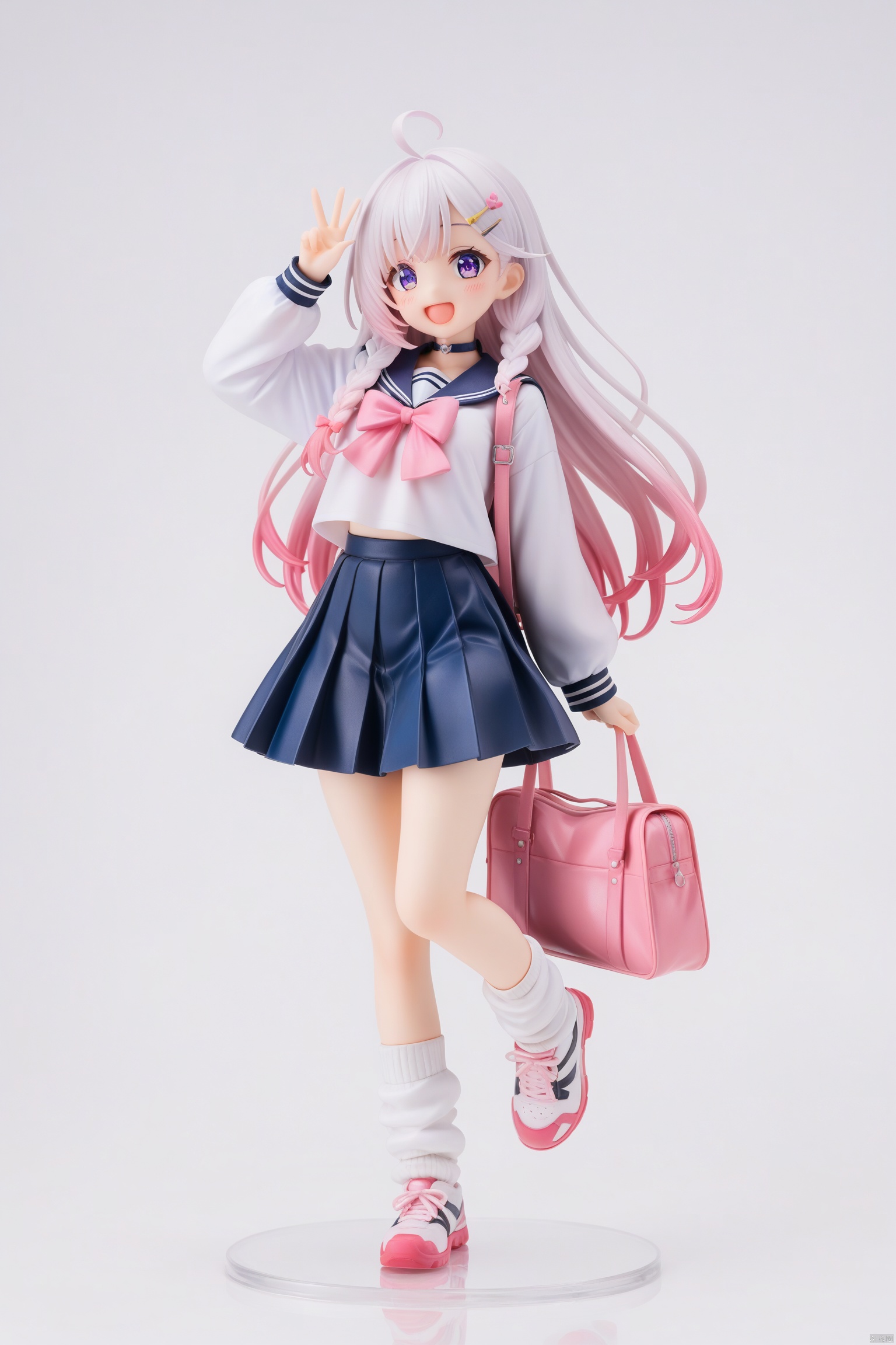 score_9, score_8_up, score_7_up,highly detailed digital, pcv,transparent pvc,pvc style,
1girl,solo,skirt,long hair,shoes,bag,full body,pink hair,socks,multicolored hair,white background,simple background,hair ornament,black skirt,smile,school uniform,looking at viewer,shirt,bow,white socks,long sleeves,pleated skirt,open mouth,sailor collar,bangs,purple eyes,white shirt,sneakers,shoulder bag,standing,:d,white footwear,ahoge,serafuku,gradient hair,loose socks,very long hair,pink bow,hairclip,standing on one leg,braid,hand up,white hair,blush,bowtie,choker,