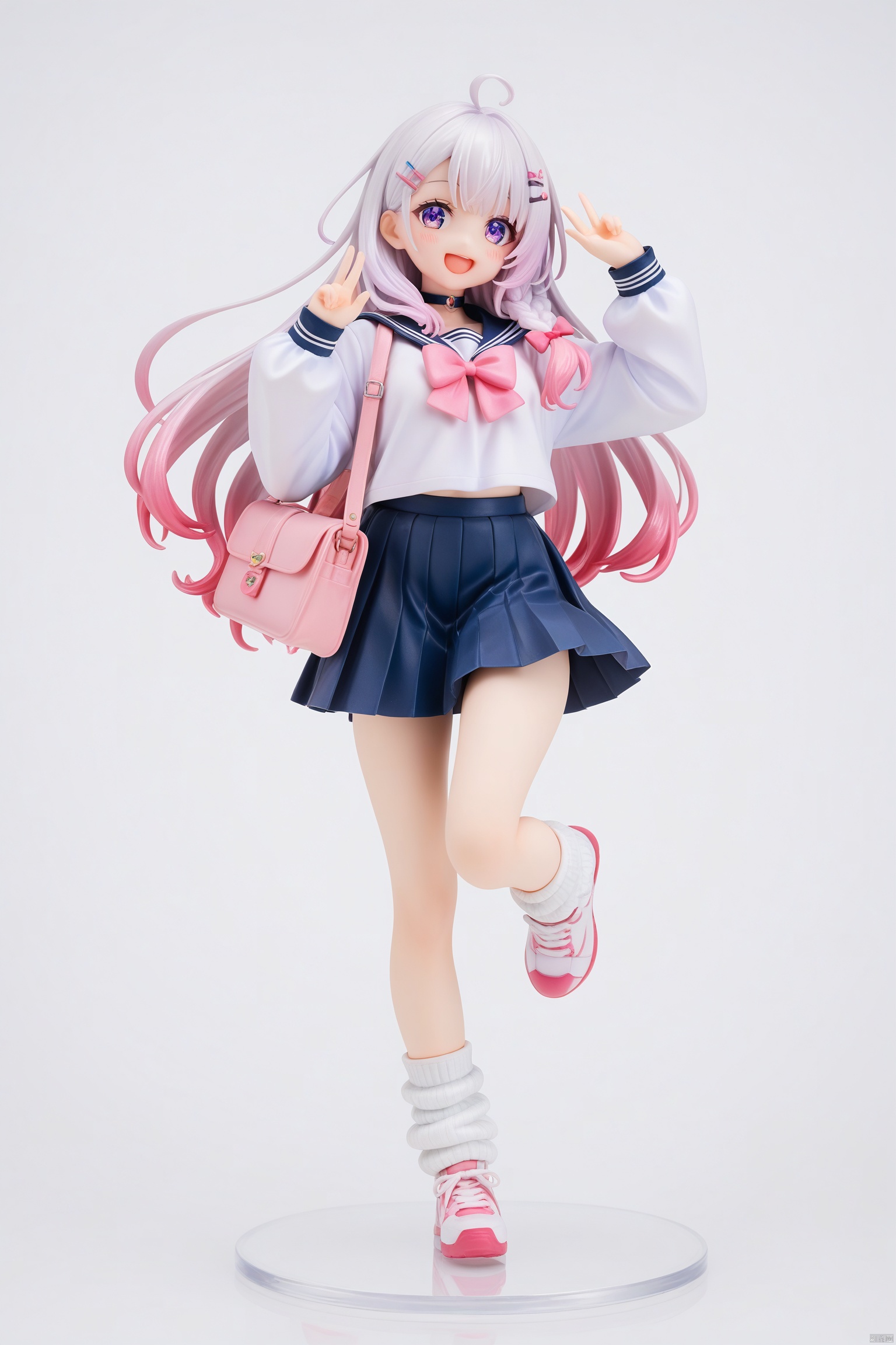 score_9, score_8_up, score_7_up,highly detailed digital, pcv,transparent pvc,
pvc style,1girl,solo,skirt,long hair,shoes,bag,full body,pink hair,socks,multicolored hair,white background,simple background,hair ornament,black skirt,smile,school uniform,looking at viewer,shirt,bow,white socks,long sleeves,pleated skirt,open mouth,sailor collar,bangs,purple eyes,white shirt,sneakers,shoulder bag,standing,:d,white footwear,ahoge,serafuku,gradient hair,loose socks,very long hair,pink bow,hairclip,standing on one leg,braid,hand up,white hair,blush,bowtie,choker,