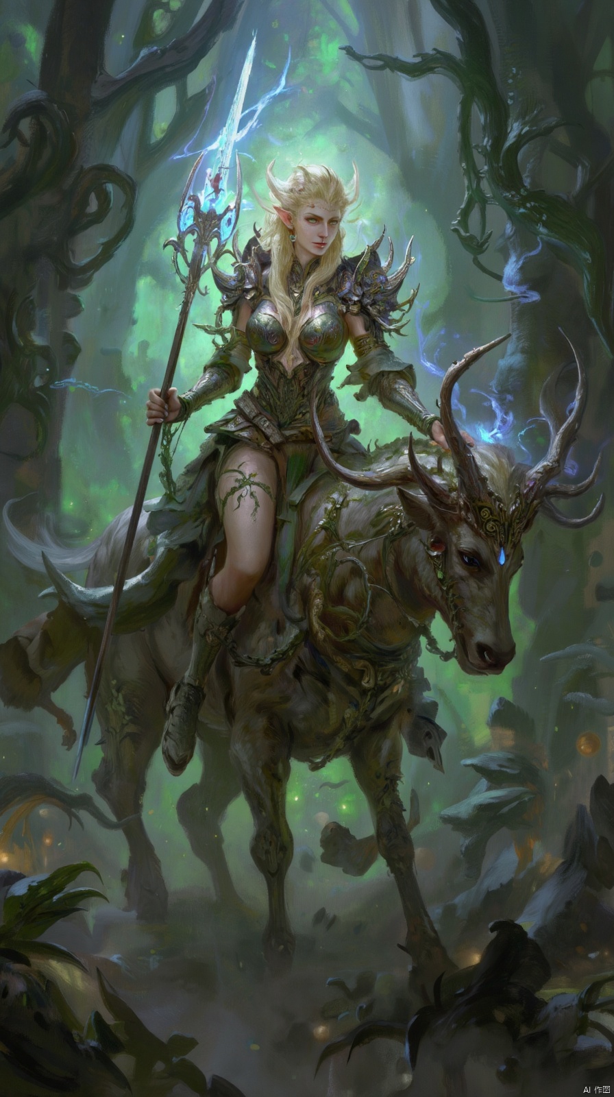 A stunning, ethereal depiction of a single wood elf Sister of the Thorn with blonde hair from Warhammer Fantasy, poised gracefully on her giant war stag with large antlers, the stag antlers glow with blue runes,  She wears a form-fitting, vine-wrapped armor  Her expression is calm yet fierce with a piercing gaze. In one hand, she holds an intricately crafted spear, its tip radiating with arcane energy, while her other hand gently guides her enchanted steed. The background is a mystical, ancient forest, bathed in a soft, green glow, with mist weaving through the towering trees. The atmosphere captures the harmony between magic and nature, with the Sister's serene beauty and deadly power on full display.
Hyper detailed in the artistic styles of Adrian Smith, Mark Gibbons, and Paul Dainton
highly detailed background 
