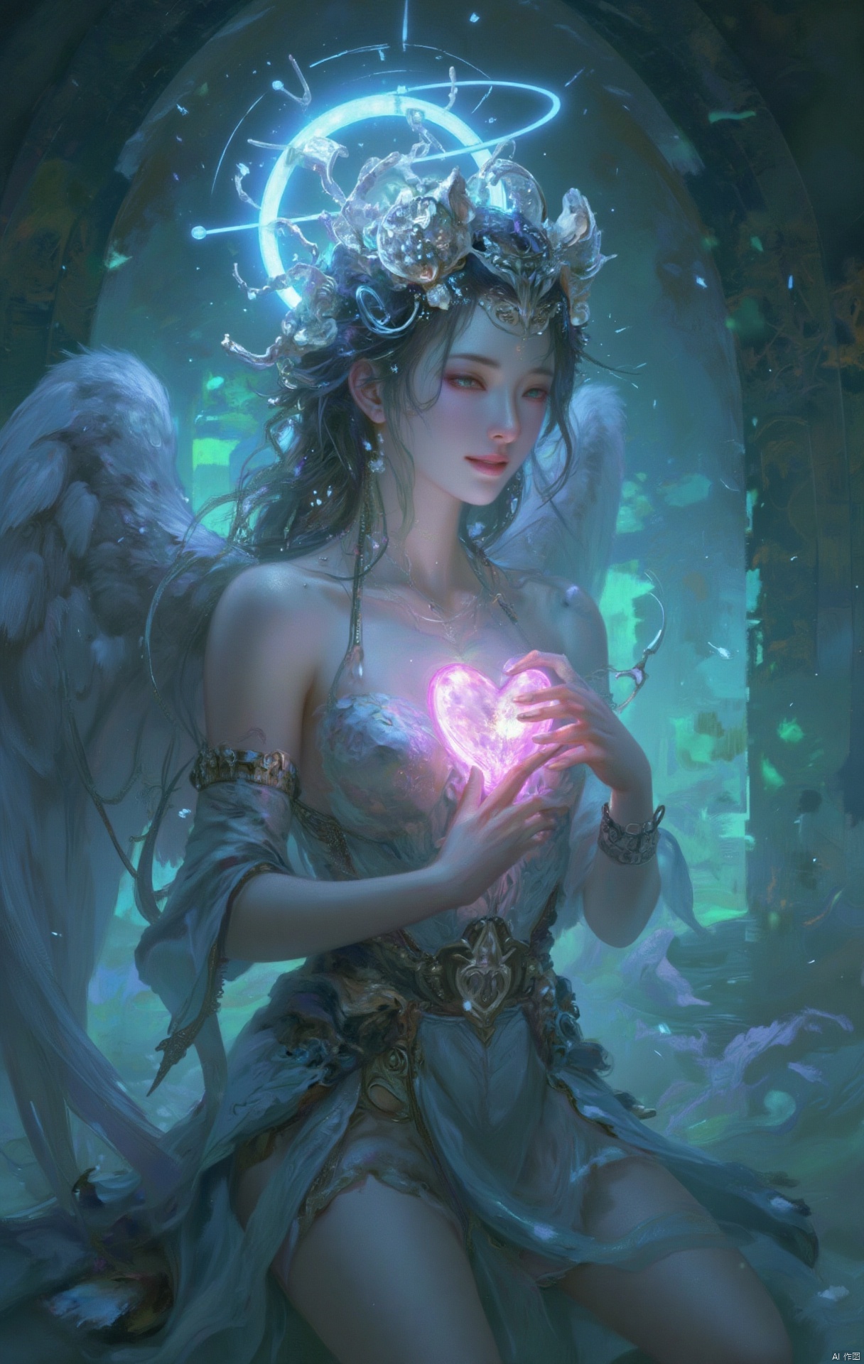 an angel with angel wings and glowing white halo on her head holding a glowing pink heart sitting on a balcony,gradient blue and green color tone,gradient blue and green lighting,highly detailed,ultra-high resolutions,32K UHD,best quality,masterpiece,Gaze at the audience, smile, smile