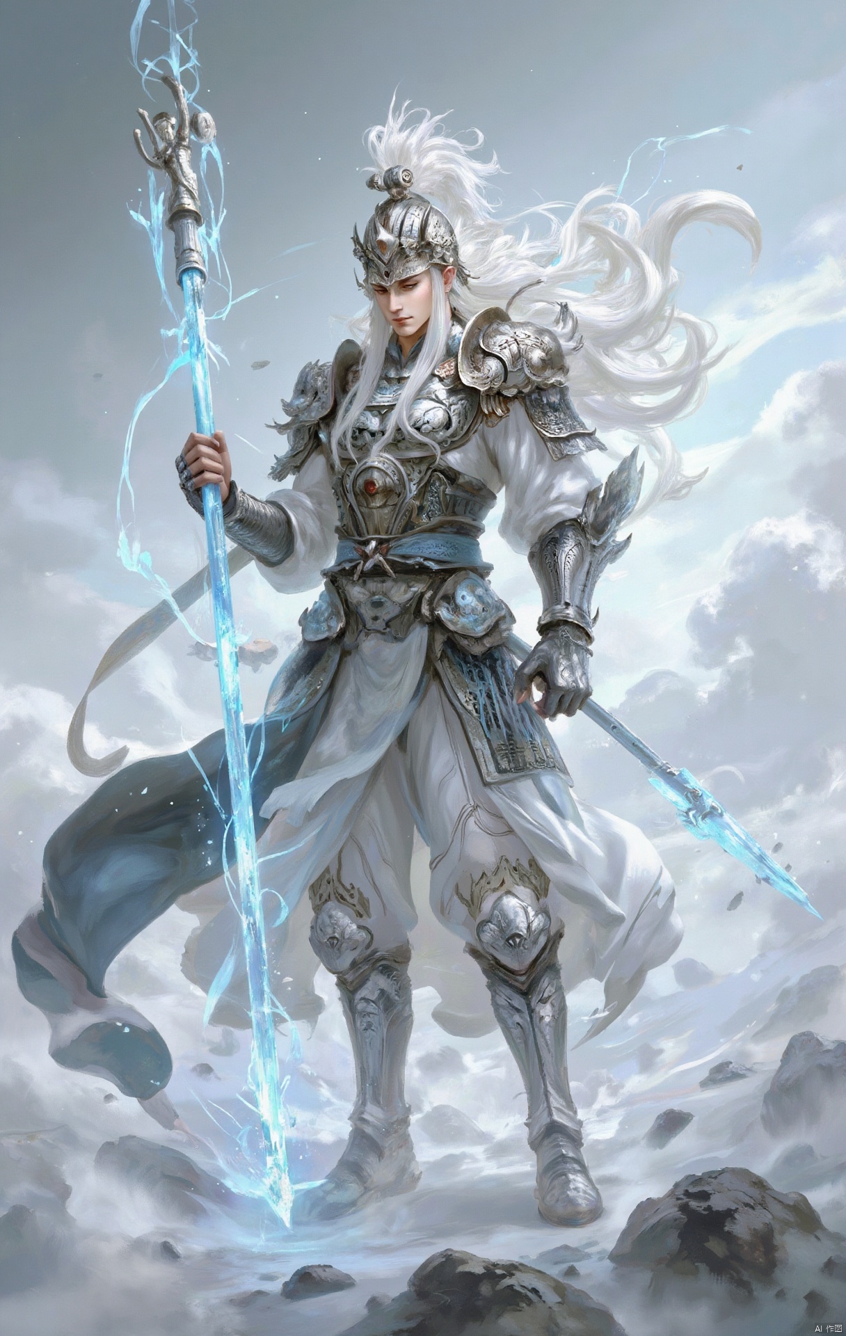 China ancient Xianxia, dressed in ancient costume, is a male soldier, wearing silver China ancient armor, silver helmet, Hanfu, pike, blue glowing pike, holding, mighty and tall, long hair fluttering, standing and closing his eyes.Sky, white clouds, immortals,White luminous armor