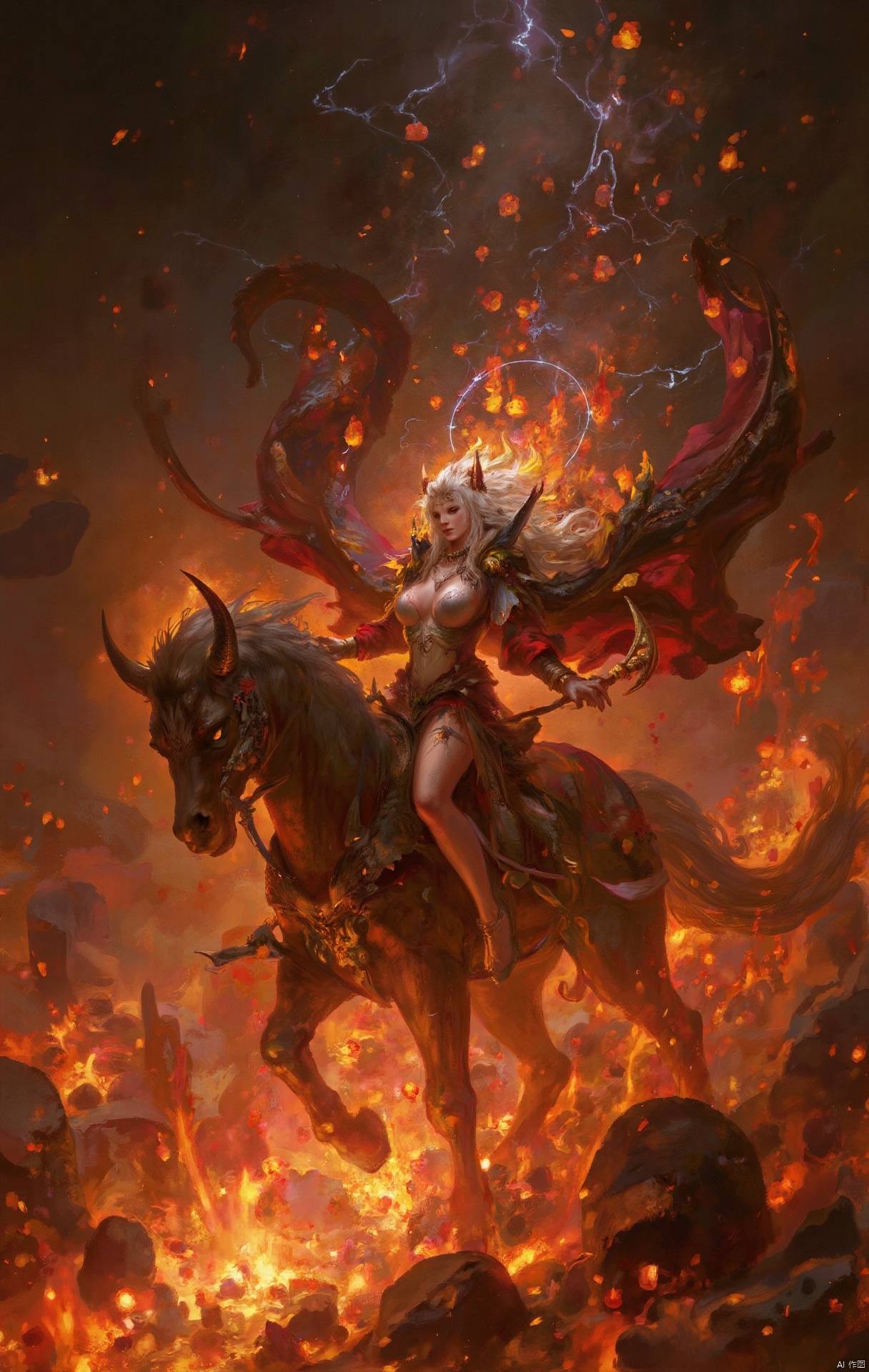 A mystical creature emerges from the flames: a lone maiden with waist-length white locks and gleaming horns, her breasts barely contained beneath a flowing cloak. She sits astride a fiery steed, mane ablaze as she rides forth against a backdrop of roaring inferno, her long hair streaming behind like a river of fire.
