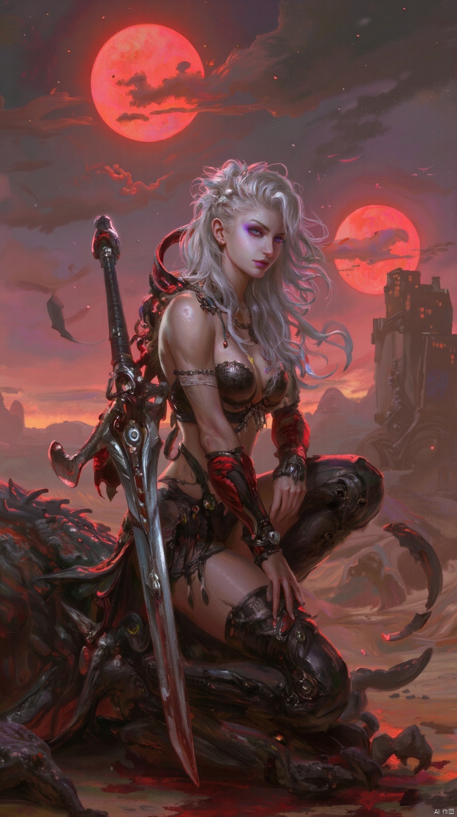ethereal fantasy concept art of  a highly detailed,  digital artwork featuring a strong powerful muscular, warrior-like female character. She has long, flowing silver hair and striking,80s bold makeup with purple eyeshadow and red lips, blue eyes, Her skin is a pale, almost ghostly complexion, adding to her otherworldly appearance. She is dressed in a dark, edgy outfit consisting of a black leather bra, matching high-waisted shorts, and red greaves with black thigh-high boots with a rugged, a single red shouldewr guard. Her attire is adorned with intricate, metallic accents and straps, giving her a warrior-like appearance. She sits confidently on a bloodied  giant dead alien beast Her right hand holds a gleaming, silver sword with a subtle, while her left hand rests on her knee, exuding a sense of calm and readiness.
The background is a desert space port glowing red sky, illuminated by swirling clouds and twin suns on the horizon. The overall style blends the iconic fantasy and sci-fi elements , with vivid, realistic textures and a striking color palette that brings the scene to life. Her pose and expression convey a sense of readiness, strength, and determination. The overall style is a blend of fantasy and science fiction, with a focus on detailed, realistic textures and a striking color palette. The artwork combines elements of comic book art and digital fantasy art. The character's pose and expression convey confidence and strength.
highly detailed background 
Vivid colors, extremely detailed CG unity 8k wallpaper, trending on CGSociety, Intricate, High Detail, dramatic    beauty, unique, vibrant . magnificent, celestial, ethereal, painterly, epic, majestic, magical, fantasy art, cover art, dreamy
