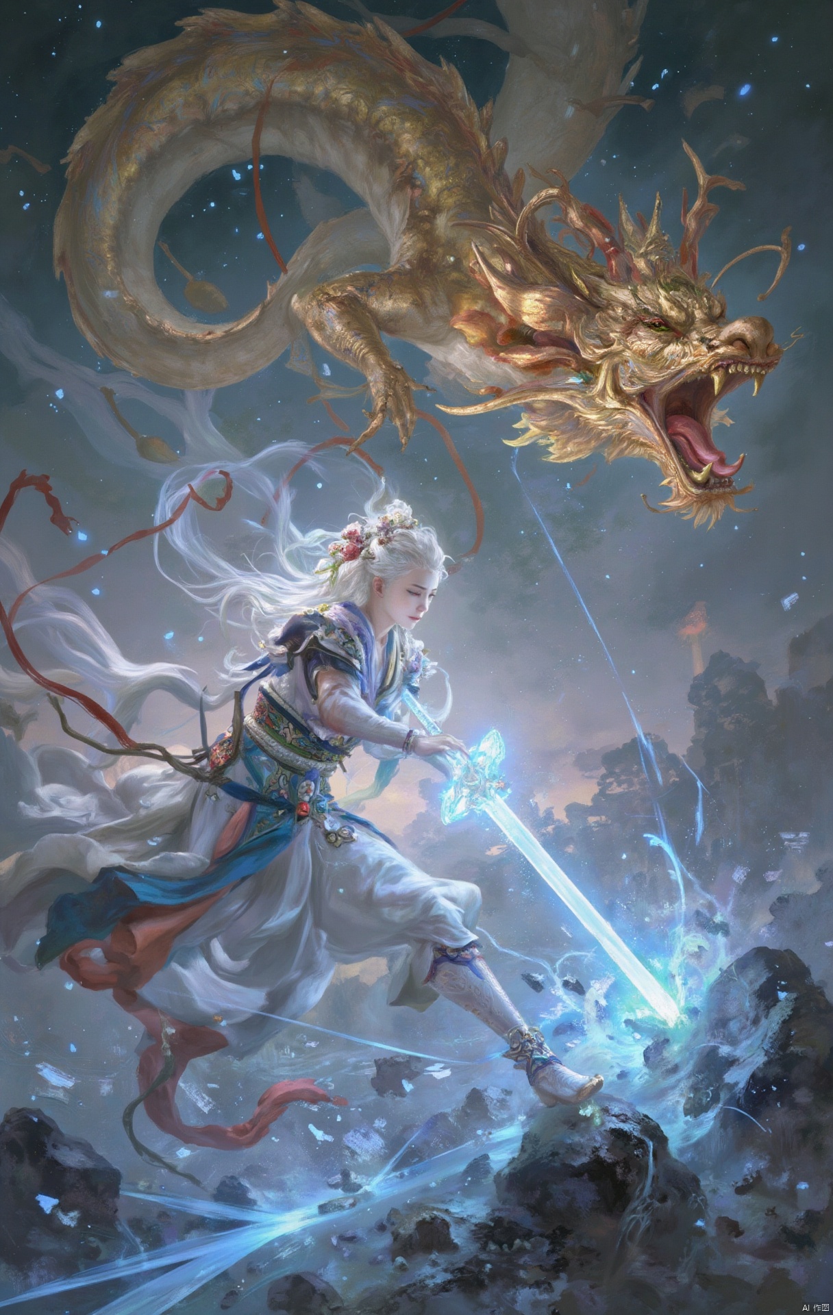 In ancient China, Xian Xia, a girl, a beauty in ancient costume, with white hair and long hair, Hanfu, holding a sword, a white glowing sword, the sky, suspended, there is a dragon in the air, loong, golden loong, open your mouth, and the girl wants to fight with the dragon.Blue science and technology light sword, particle special effects, luminous special effects, with a sense of tension and impact.