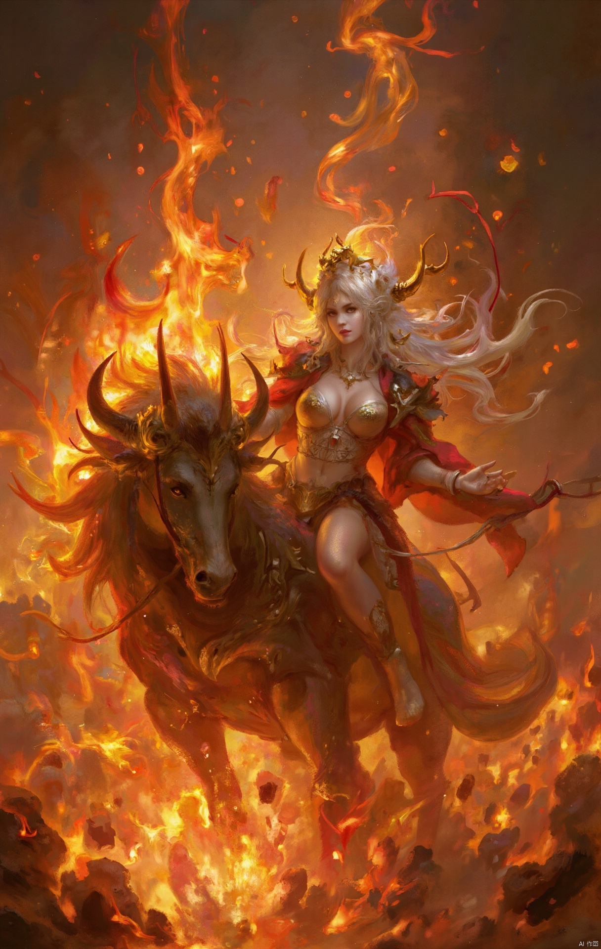 A mystical creature emerges from the flames: a lone maiden with waist-length white locks and gleaming horns, her breasts barely contained beneath a flowing cloak. She sits astride a fiery steed, mane ablaze as she rides forth against a backdrop of roaring inferno, her long hair streaming behind like a river of fire.