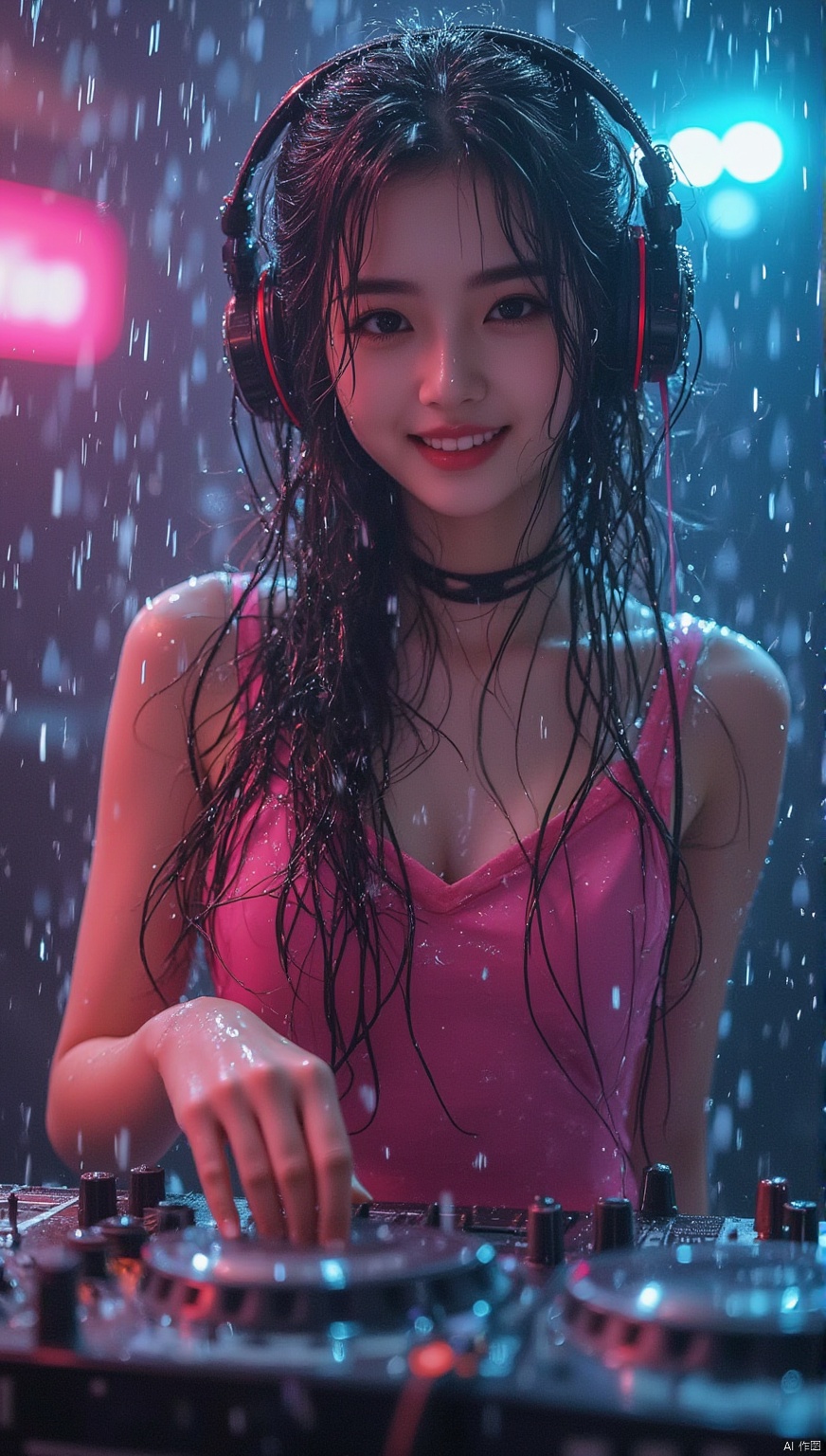 Nightclub girl,A young woman in a vibrant pink outfit,wearing headphones and standing behind an electronic mixing console during rainfall,wet,Asian,,Neon lighting,Happy smile