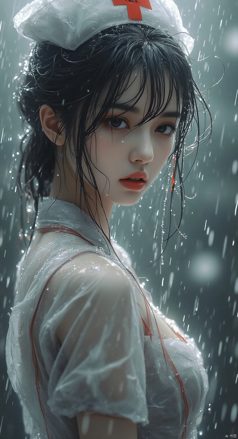 1 Beautiful nurse, nurse hat, rain, rain, face full of water, red lips, Asian, half body,